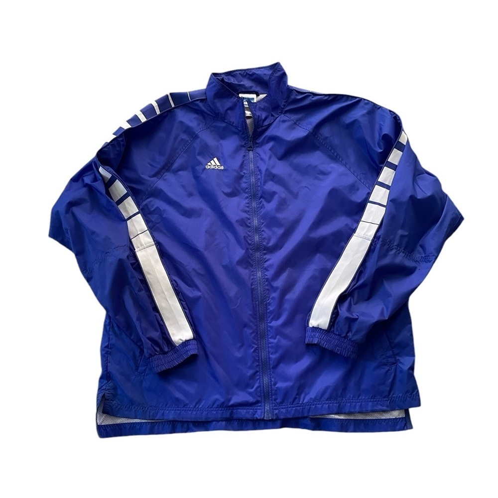 Adidas Men's Windbreaker Jacket Vtg 2000's Full Zip Royal Blue Striped Sz XL euc